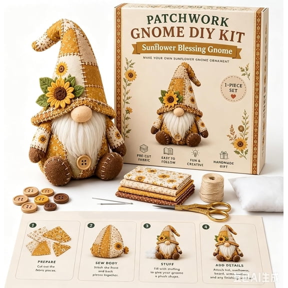 Patchwork Gnome DIY Kit with Pre-Cut Fabric – Creative Sewing Craft Set for Beginners, Holiday Ornament Making (Sunflower Harvest Gnome)