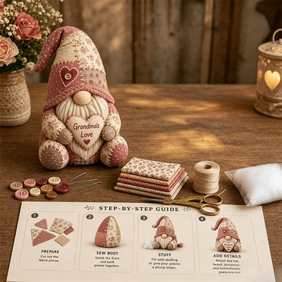 Patchwork Gnome DIY Sewing Kit,Shipment Fabric Craft Set with Cloth Buttons Filling Instruction,Vintage Country Gnome Plush Making Supplies for Adult Handmade Halloween Home Decor