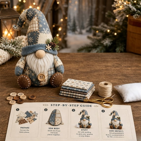 Patchwork Gnome DIY Sewing Kit,Shipment Fabric Craft Set with Cloth Buttons Filling Instruction,Vintage Country Gnome Plush Making Supplies for Adult Handmade Halloween Home Decor