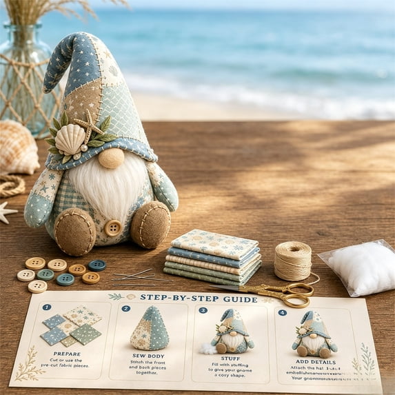 Patchwork Gnome DIY Sewing Kit,Shipment Fabric Craft Set with Cloth Buttons Filling Instruction,Vintage Country Gnome Plush Making Supplies for Adult Handmade Halloween Home Decor