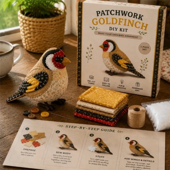 Patchwork Goldfinch DIY Kit - Handmade Sewing Craft Set with Floral Fabric, DIY Patchwork Animal Kit