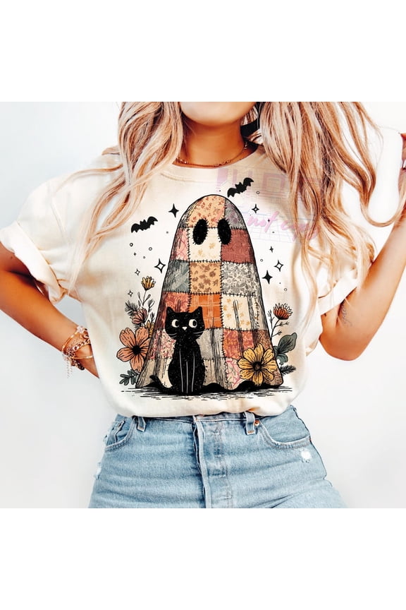 Patchwork Halloween Ghost Cat Retro Spooky Floral Halloween Funny Black Cat Tee Top