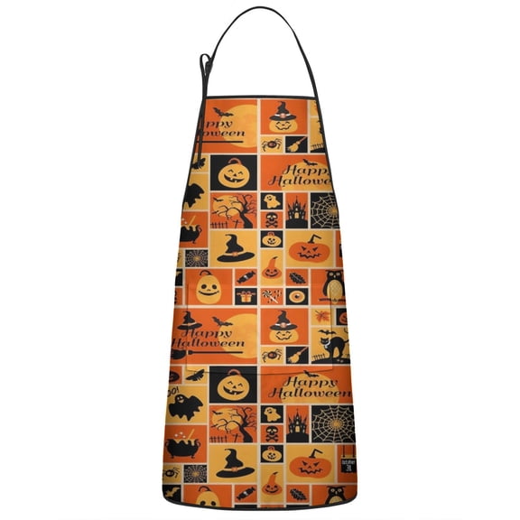 Patchwork Halloween Pattern Apron-Garden Aprons for Women with Pockets-Cotton Linen Waterproof Kitchen Cooking Gardening Aprons Adjustable for Kitchen,Cooking,BBQ and Salon 33"x27"