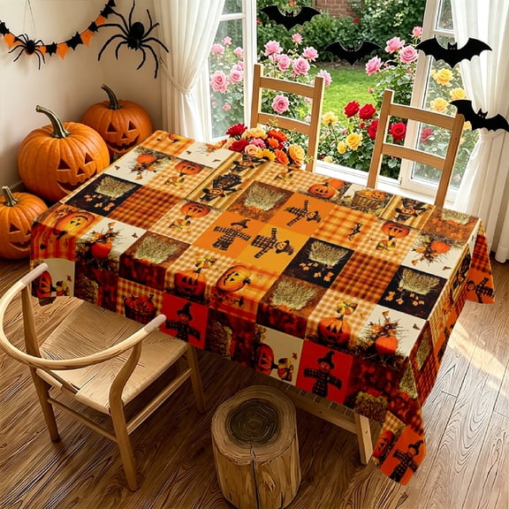 Patchwork Halloween Pumpkin Scarecrow 2D Print Rectangular Tablecloth, Decorative Cover for Kitchen Dining Outdoor Patio Garden Parties, Ideal Holiday Gift for Halloween Thanksgiving Christmas