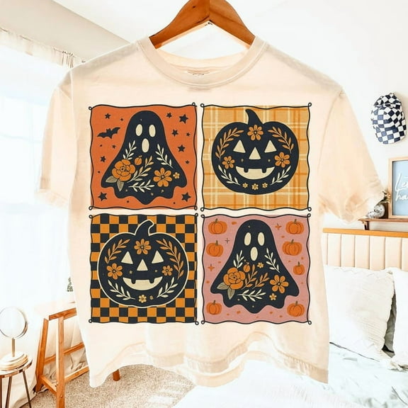 Patchwork Halloween Shirt, Girly Pink Pumpkin Shirt, Boho Floral Fall Shirt, Halloween Shirt, Autumn Vibes Shirt, Summerween Shirt, Spooky Season Shirt