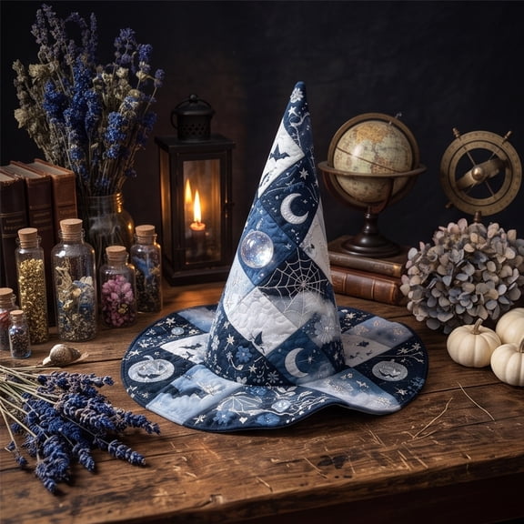 Patchwork Halloween Witch Hat, Quilted Celestial Wizard Cap for Cosplay Party Costume and Holiday Festival Decor