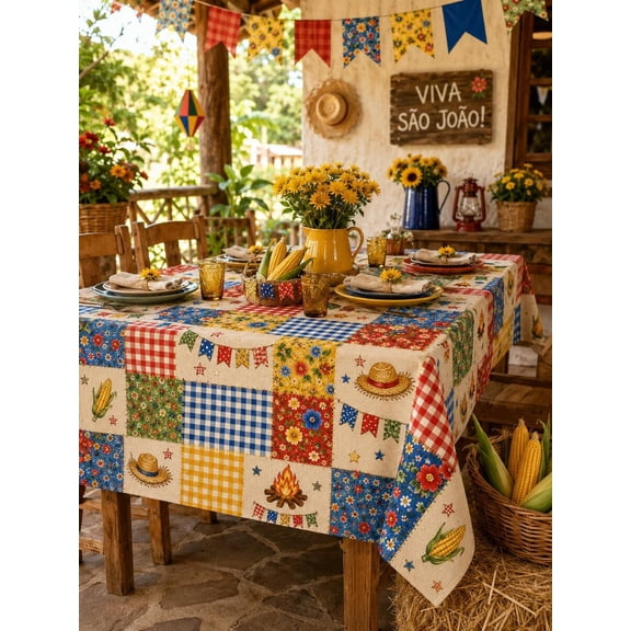 Patchwork Harvest Tablecloth Rectangle 180x140cm Multicolor Rustic Farmhouse Print