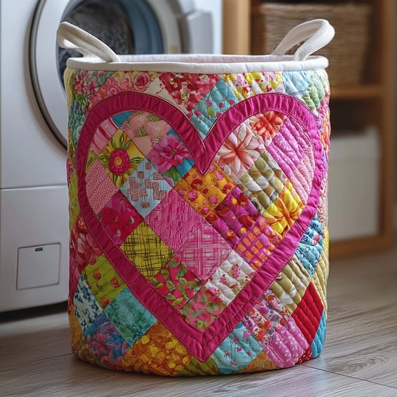 Patchwork Heart Quilted Laundry Basket, Storage Bin Laundry Basket Fabric, House Storage Hamper, Mother Day's Gift Ideas