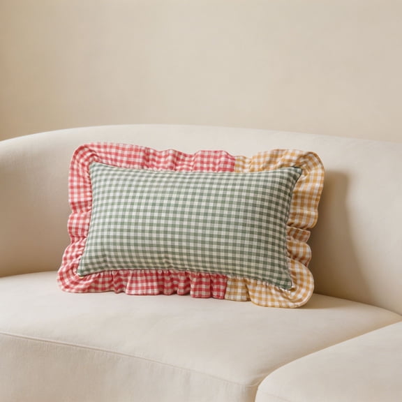 Patchwork Heart Throw Pillow - 11.81×19.69in Plaid Ruffled Cushion, Cotton, & Fluffy Filling, Ruffled Edges & Heart Patchwork, Soft Pillow for Living Room, Bedroom & Home Decor (Red-Bean-Green).