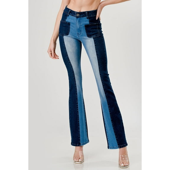Patchwork High Waist Stretch 2 Tone Color Block Boot Leg jean