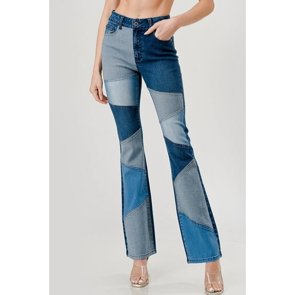 Patchwork High Waist Stretch 4 Tone Multi Color Block Boot Leg jean