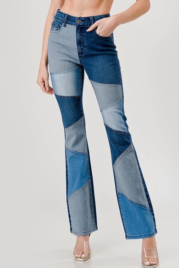 Patchwork High Waist Stretch 4 Tone Multi Color Block Boot Leg jean