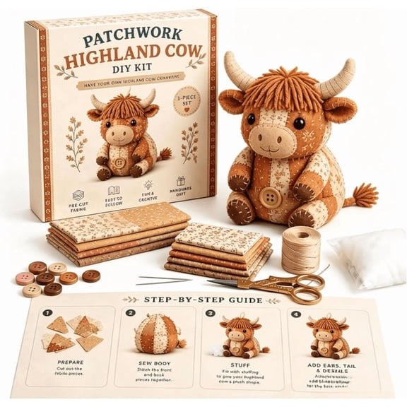 Patchwork Highland Cattle DIY Kit, Cute Farm Animal Sewing Craft Kit, Thoughtful Handmade Gift For Hobby Crafters And Sewing Enthusiasts On Festivals
