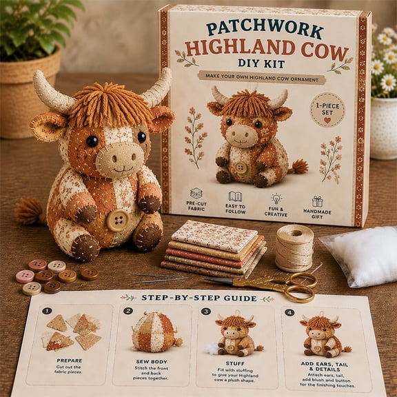Patchwork Highland Cattle DIY Kit, Floral Fabric Handmade Animal Craft Set for Adult Crafters