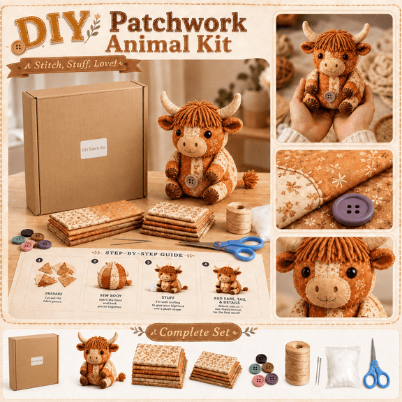 Patchwork Highland Cow Sewing Kit with 10 Fabric Pieces, Creative Craft Kit for Adults and Kids, Unique Gifts for Women 1 Set