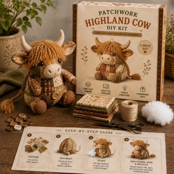 Patchwork Highland cattle DIY Kit - Handmade Sewing Craft Set with Floral Fabric, DIY Patchwork Animal Kit