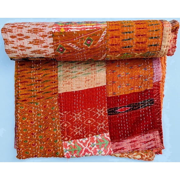 Ozark Textile Patchwork Indian Kantha Quilt Handmade Cotton Indian Bedspread Reversible Rustic Blanket Boho Farmhouse Decor