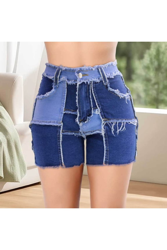 Patchwork Jean Shorts Women Hem Straight Leg Loose Fit A Line Denim Shorts