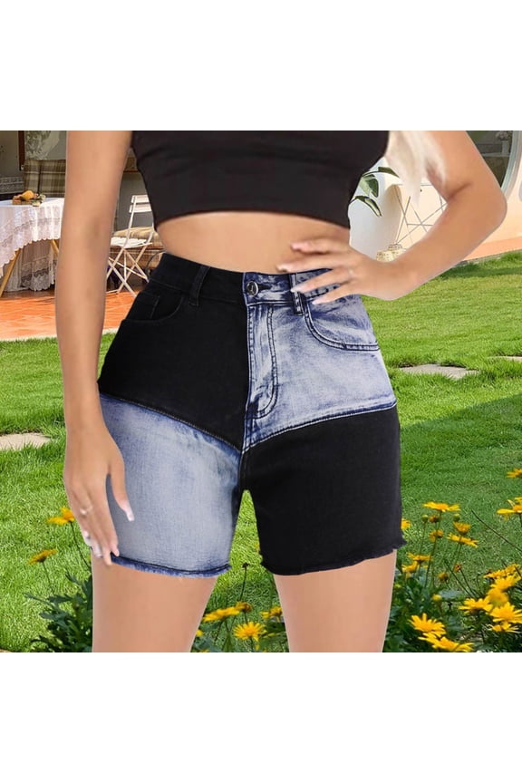 Patchwork Jean Shorts Women Hem Straight Leg Loose Fit A Line Denim Shorts