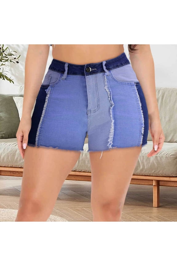 Patchwork Jean Shorts Women Hem Straight Leg Loose Fit A Line Denim Shorts