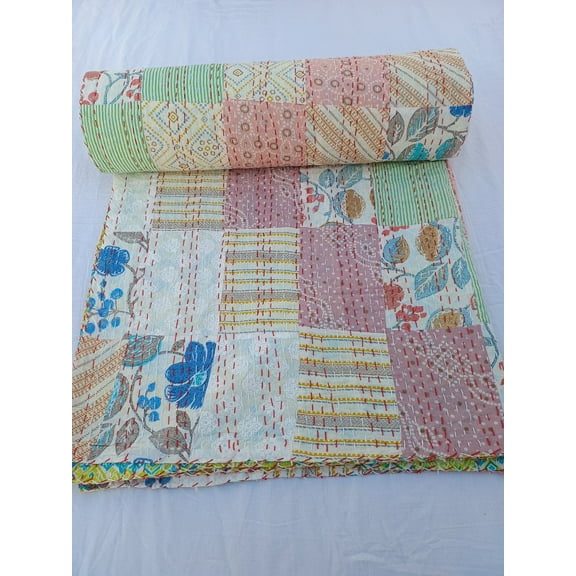 Patchwork Kantha Quilt Handmade Kantha Quilt Unique Patchwork Design Handmade Kantha Quilted Bedding Bedspread Print Throw Blanket Quilt
