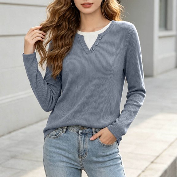 Patchwork Knit Long Sleeve Crew Neck Tunic Top for Everyday Casual Fall Seasonal Comfort, Blue, L