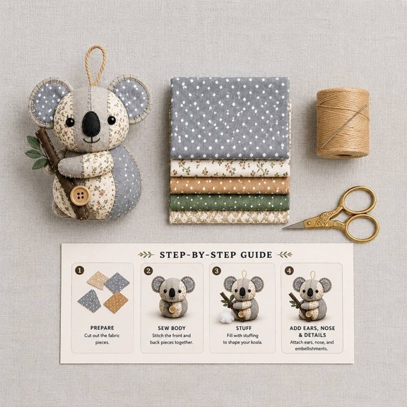 Patchwork Koala DIY Kit, Handmade Sewing Craft Kit for Koala Making, Creative Patchwork Koala Craft Project, Cute Animal DIY Set for Hobby Sewing Quilting Art Crafting Gift