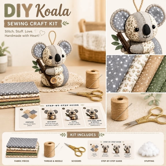 Patchwork Koala DIY Kit, Handmade Sewing Craft Kit with Pre-Cut Fabric, Stuffing and Buttons, Cute Animal Ornament Making Set for Adults Beginners, Creative DIY Gift for Craft Lovers