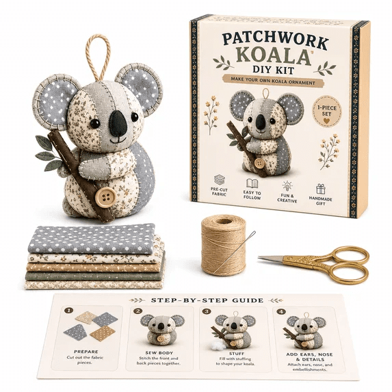 Patchwork Koala DIY Kit - Handmade Sewing Craft Set with Floral Fabric, DIY Patchwork Animal Kit