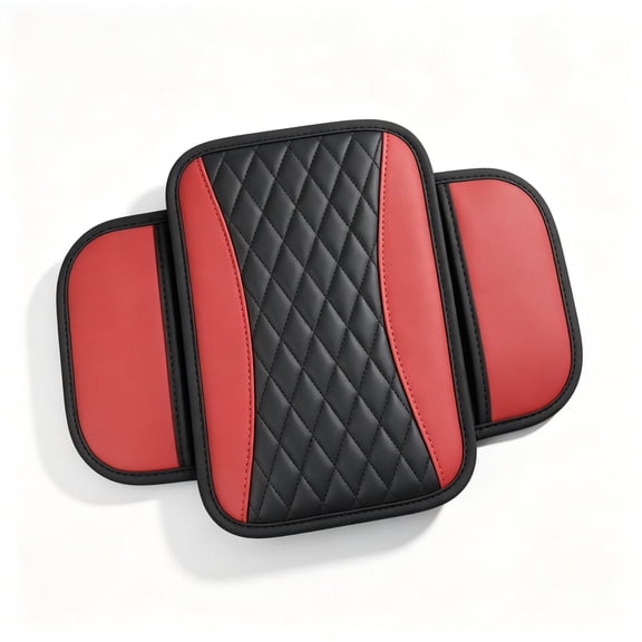 Patchwork Leather Center Console Cover for Cars, Armrest Cover with Side Storage Pockets and Non-Slip Elastic Straps, Waterproof Car Interior Organizer-Red
