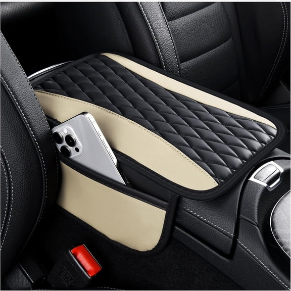 Patchwork Leather Center Console Covers for Cars,Upgraded Arm Rest Cover for Car with Side Storage Pocket for Car Seat Organizer,Middle Console Cover Stylish Car Decoration (Light Beige)
