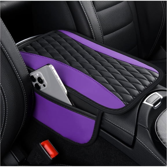 Patchwork Leather Center Console Covers for Cars,Upgraded Arm Rest Cover for Car with Side Storage Pocket for Car Seat Organizer,Middle Console Cover Stylish Car Decoration (Purple)