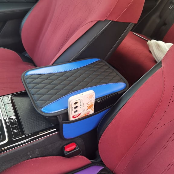 Patchwork Leather Center Console Covers for Cars,Upgraded Arm Rest Cover for Car with Side Storage Pocket for Car Seat Organizer,Middle Console Cover Stylish Car Decoration (Blue)