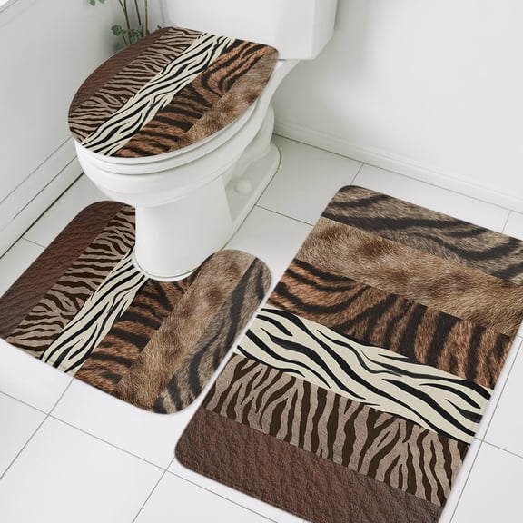 Patchwork Leopard Bathroom Rugs Set Country Vintage Brown Animal Skin Print Non Slip Absorbent Soft Bath Mats 3 Piece Set with Bathroom Rug, U-Shaped Floor Mat, Toilet Seat Cover Small Size