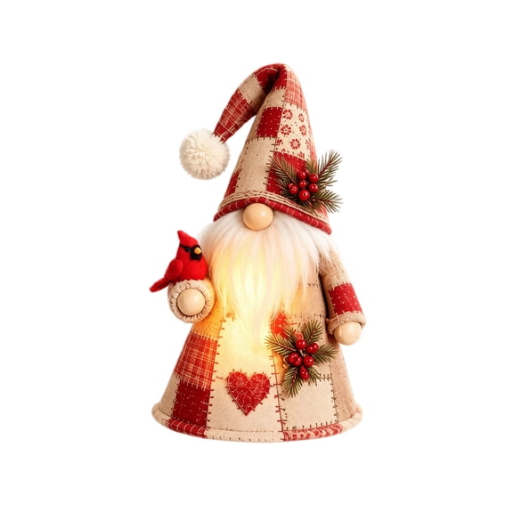 Patchwork Light-Up Gnome Figurine with Detachable Bird Puppet, LED Glowing Resin Elf Statue Rustic Farmhouse Tabletop Decor for Christmas Fall Halloween,Red