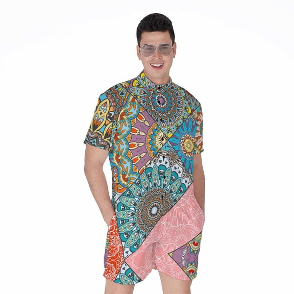 Patchwork Mandala Bohemian Pattern Short Sleeve Men'S Rompers Casual Summer Jumpsuits Outfit