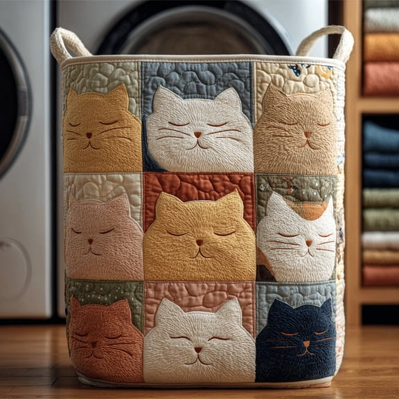 Patchwork Meowy Quilted Laundry Basket, Clothes Hamper Storage Bag, Housewarming Gift Ideas, Mother's Day Gifts, Birthday Gift
