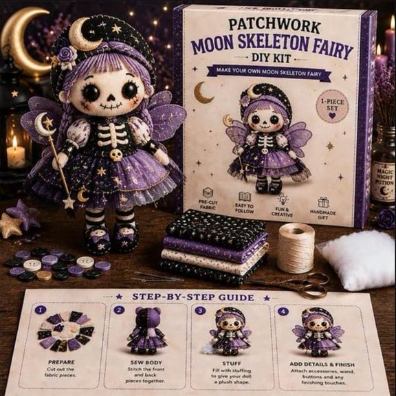 Patchwork Moon Skeleton Fairy DIY Kit - Complete Felt Craft Kit with Premium Materials, Perfect for First-Time Crafters Seeking Creative Autumn Activity