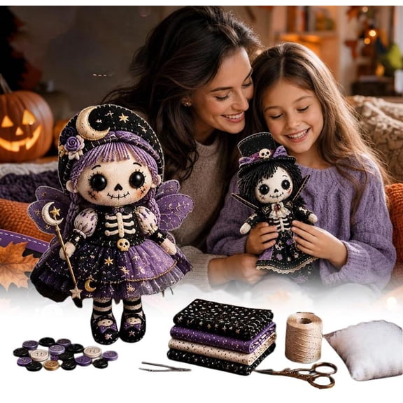 Patchwork Moon Skeleton Fairy DIY Kit, Halloween Sewing Craft Kit for Adults, Beginner-Friendly Gothic Cute Handmade Doll Making Set, Great for Family Crafting Nights