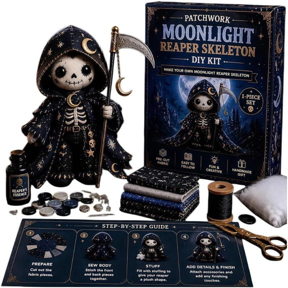Patchwork Moonlight Reaper Skeleton DIY Kit, Halloween Sewing Craft Kit for Adults and Teens, Create Your Own Collectible Plushie for Festive Room Decor