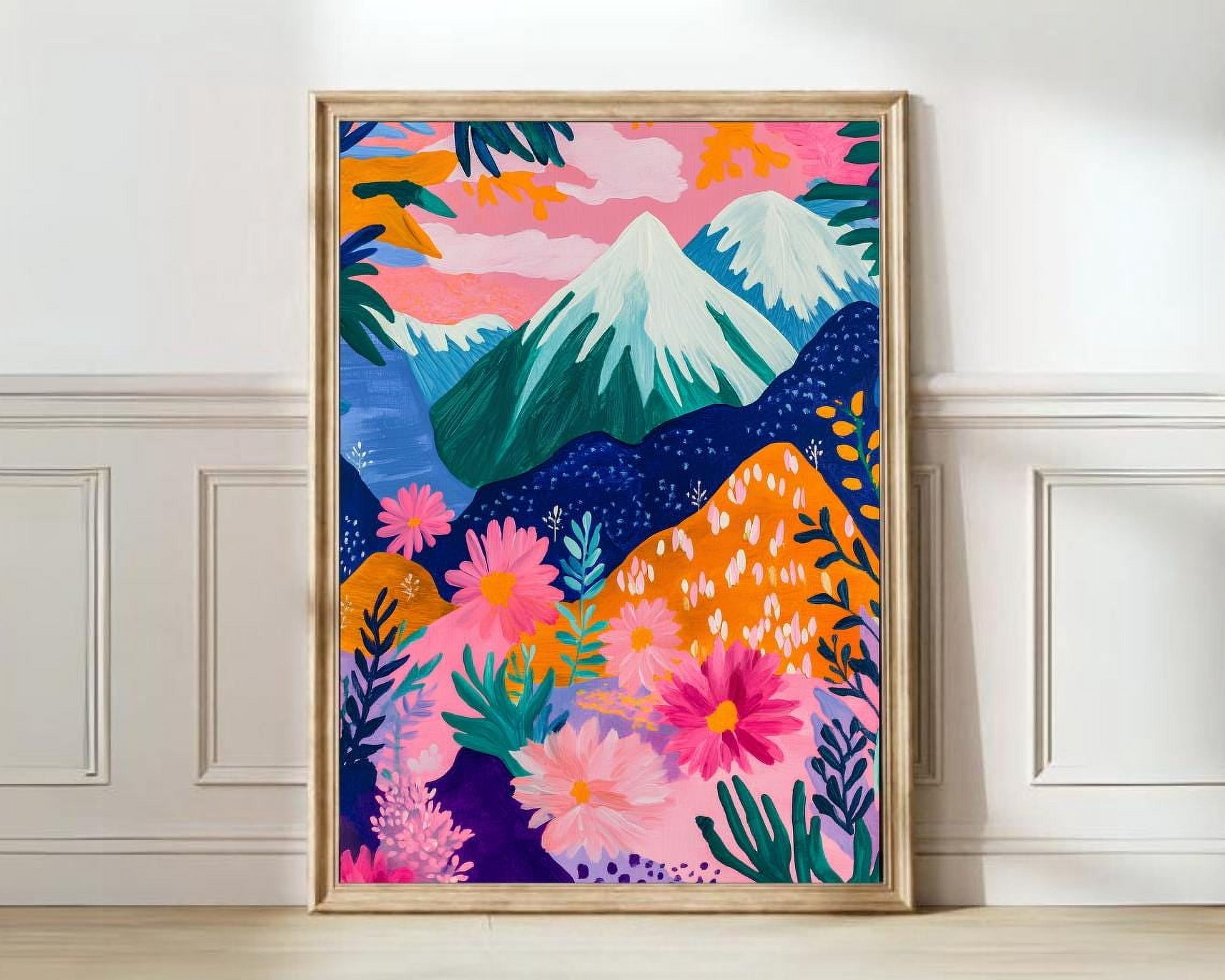 Patchwork Mountain Poster, Colorful Abstract Floral Landscape And ...