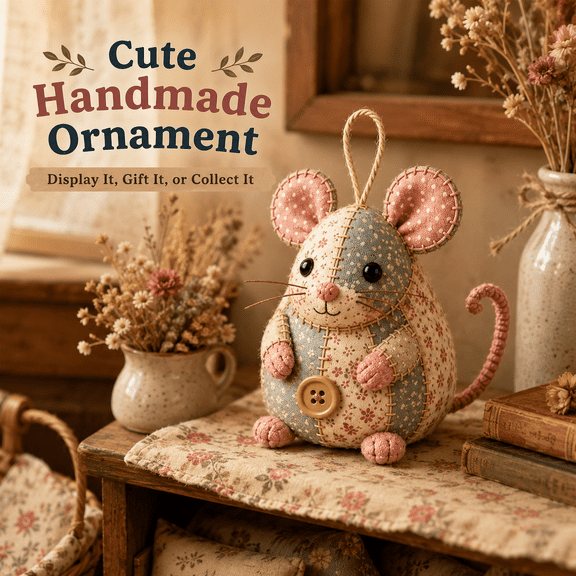 Patchwork Mouse DIY Kit with 3 Styles ABC, Complete Hand Sewing Craft Set with Floral Fabric Stuffing Buttons, Beginner Friendly Handmade Ornament Making Kit for Leisure Craft Making -Style A