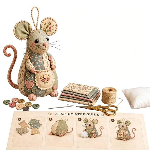 Patchwork Mouse DIY Kit, Button Art Kits, Suitable for Crafting, Home Décor Projects, Handmade Gifts, Stuffing & Buttons Cute Stuffed Mouse Ornament for Beginners Holiday & Birthday Gift