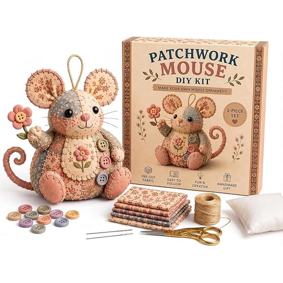 Patchwork Mouse DIY Kit, Cute Mouse Ornament DIY Kit, with Floral Fabric, Stuffing, Buttons, Handmade Sewing Craft Set, for Mouse Making, for Adults, Beginners Gift for Birthdays, Holidays