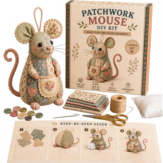 Patchwork Mouse DIY Kit, Floral Fabric Mouse Ornament Sewing Kit, All Materials Included, Beginner Friendly, Creative DIY Project for Craft Lovers C