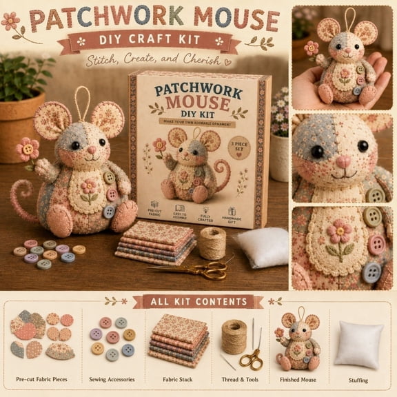 Patchwork Mouse DIY Kit, Floral Patchwork Mouse Ornament Sewing Kit, All Materials Included, Vintage Style, Perfect Handmade Gift for Craft Enthusiasts