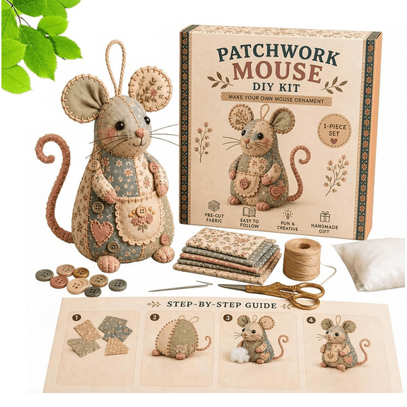 Patchwork Mouse DIY Kit, Handmade Sewing Craft Kit for Mouse Making, Creative Patchwork Animal Craft Project, Cute DIY Set for Hobby Sewing Quilting and Art Crafting C