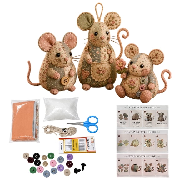 Patchwork Mouse DIY Kit, Handmade Sewing Craft Kit for Mouse Making, Creative Patchwork Animal Craft Project, Cute Mouse DIY Set for Hobby Sewing Quilting Art Crafting Gift(One Set)
