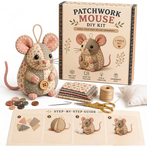 Patchwork Mouse DIY Kit Handmade Sewing Craft Set with Floral Fabric Pattern & Instructions Complete Felt Stuffed Animal Creative Beginner-Friendly Hobby Project for Home Decor Gift Making,A