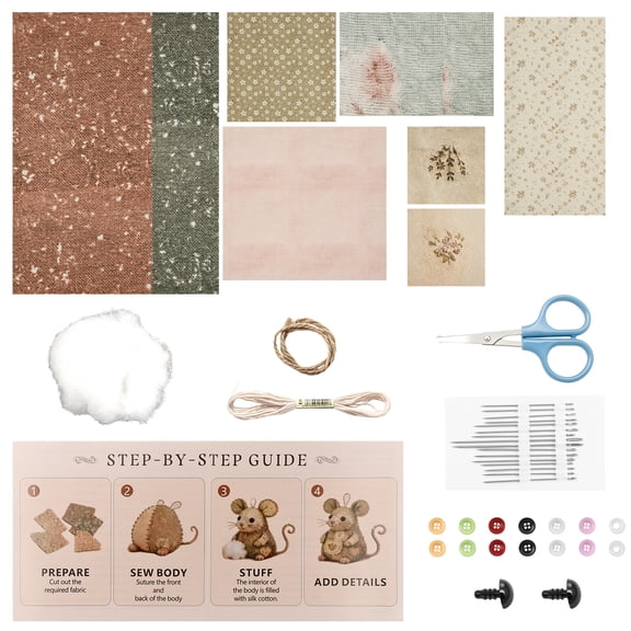 Patchwork Mouse DIY Kit Handmade Sewing Craft Set Cute Mouse Ornament DIY Kit with Floral Fabric Stuffing Button for Adult Beginner Present for Holiday